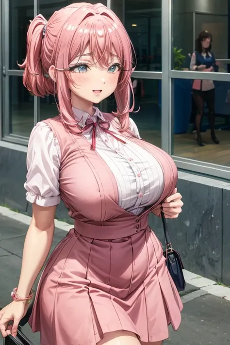 Make a busty woman in a pink dress