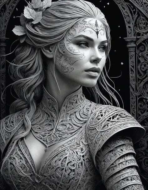 detailed fantasy illustration, 1girl, intricate detailed kirigami paper art, the witcher, medieval parchment, black and white, high contrast, dramatic lighting, ethereal glowing blacklight makeup, intense facial expression, cinematic composition, ultra-det...