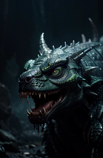 a toxic dragon, mystical fantasy creature, intricate scales, glowing venomous fangs, dripping with corrosive liquid, toxic breath, piercing eyes, coiled body, rugged claws, detailed textures, dark moody atmosphere, cinematic lighting, vibrant colors, drama...