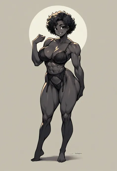 Masterpiece, 1 girl, black skin, muscular, black hair, short hair, curly hair, wide hips, black eyes, big breasts, round ass, lingerie, slutty, cute face, smile, muscle mommy, full body