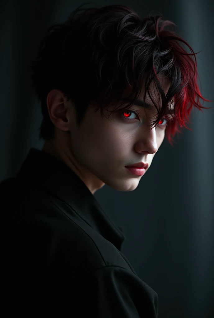 1boy, Black Red Mix Hair, red eyes, dark background, Dim lighting, Turning your back to the camera, Glancing from the right side, masterpiece