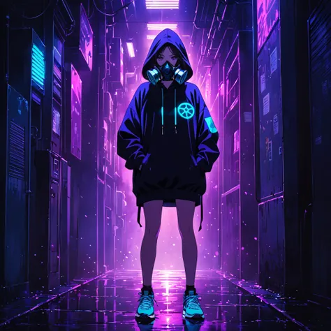 in a dark setting, a woman stands with her hands in her pockets, wearing an oversized hoodie and a gas mask. Her hoodie and sneakers have bright purple neon accents, providing a subtle glow in the darkness. The womans face is partially obscured by the gas ...