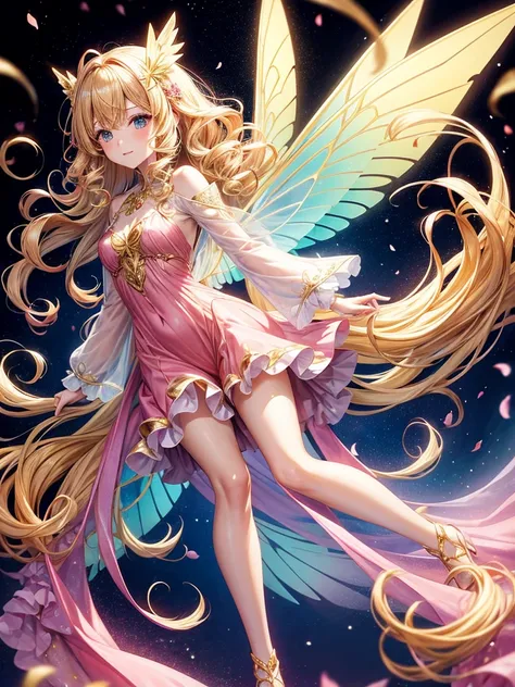 Anime style fairy with transparent wings with gold details, long blonde curly hair, pink dress