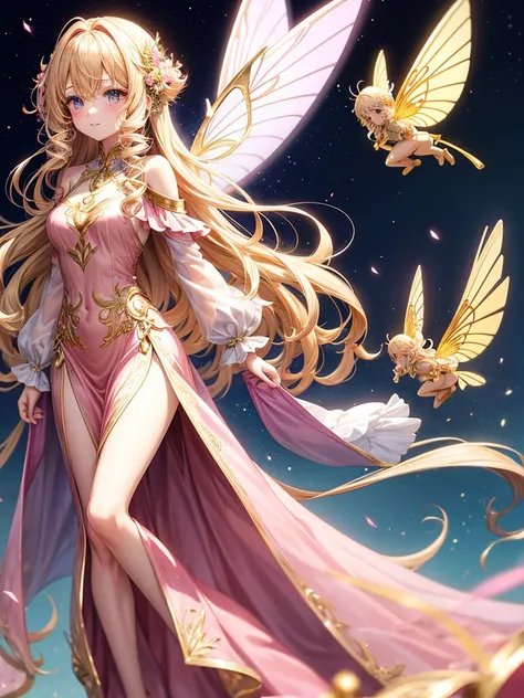 Anime style fairy with transparent wings with gold details, long blonde curly hair, pink dress