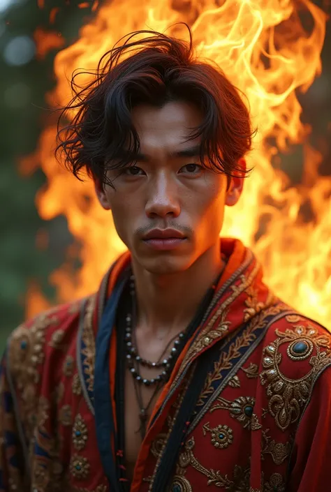 Young Asian man (20 year old appearance) indigenous people with traditional indigenous clothing, tall and handsome, with hair on fire. (bonitas)