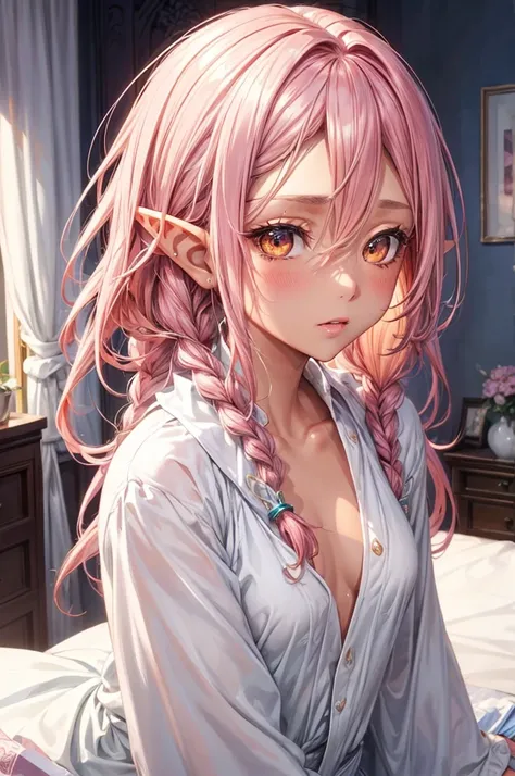 (beautiful elf style), (((tanned skin))) (pov, love style, solo:2, 1000 yo), (beautiful detailed dreadlocks:1.4) (beautiful pink hair long hair sexy elf woman) (beautiful sexy closed eyes) ((sweaty face)) (glossy lip), (small tits), (in a detailed night ro...