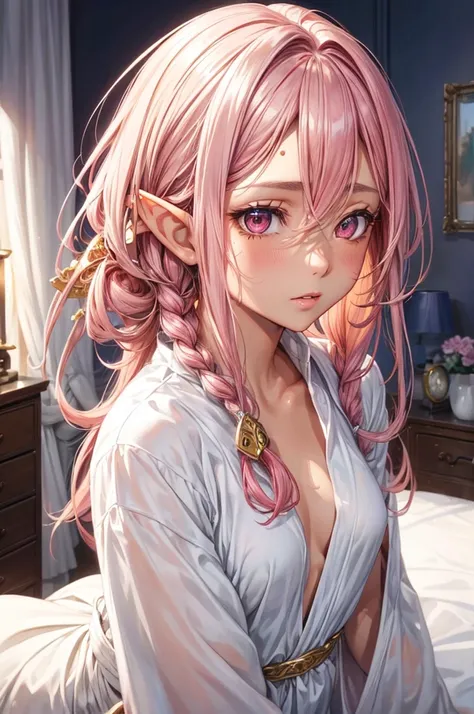 (beautiful elf style), (((tanned skin))) (pov, love style, solo:2, 1000 yo), (beautiful detailed dreadlocks:1.4) (beautiful pink hair long hair sexy elf woman) (beautiful sexy closed eyes) ((sweaty face)) (glossy lip), (small tits), (in a detailed night ro...