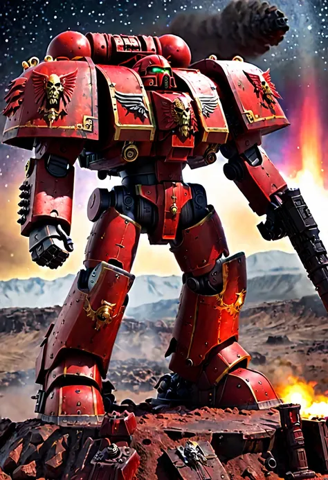 warhammer 40k, blood angel dreadnought, multi melta and flamer, raising hell on a barren battlefield, night sky lit by battle