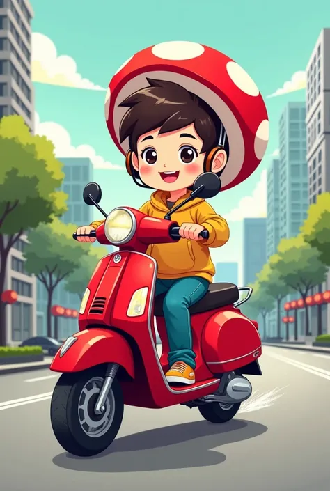 LOGO name. KABUTE . mushroom helmet,motorcycle  CUTE  guy with Honda click scooters  red motorcycle,the back ground in the city, 