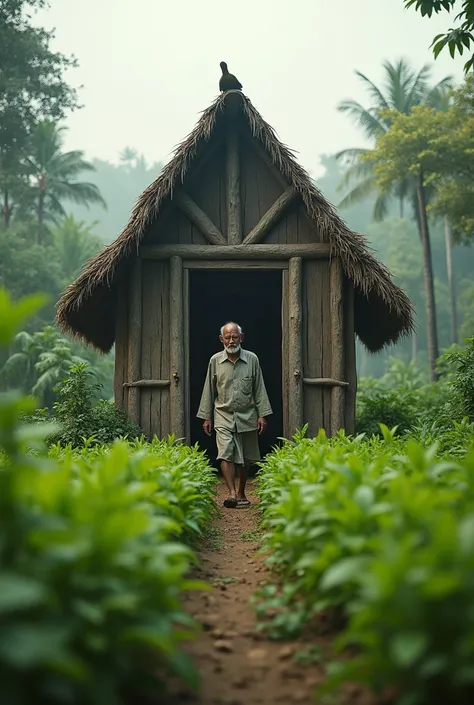 3D naturalistic photo, a hut in the middle of a plantation ,seorang kakek orang indonesia ,this stood up and walked to the middle of the field