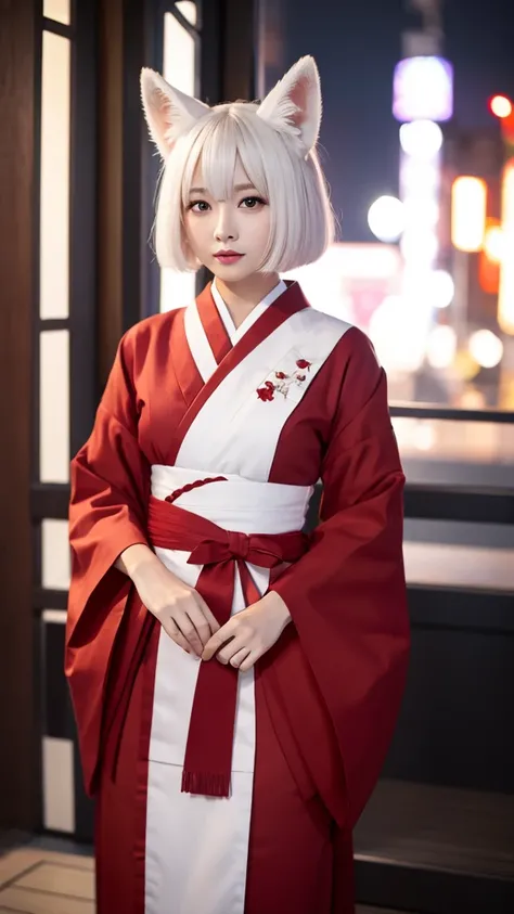 White Demon Fox、Nine-tailed Fox、Japanese women、kimono、Fair skin、Red lines on face、8K、I have short hair