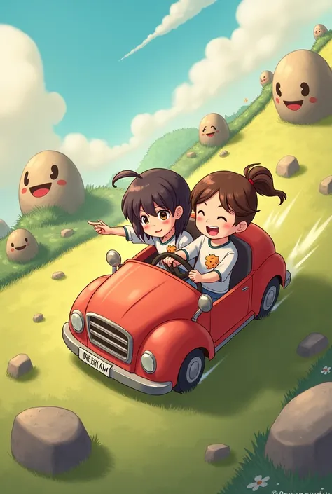 Two girls playing in a one-person car, but a climb at the helm and another in the seat going down a hill of happy stones 