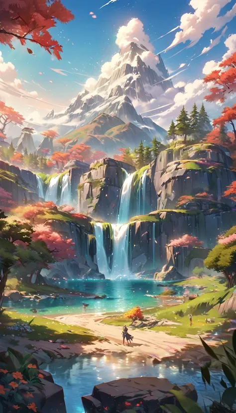 Long desert, sky limpo, cenáRiu, moonligh, stele, high qualiy, anime style artwork, best qualityer, high qualiy, Extremely detailed CG 8k unity wallpaper, paisaje, open air, sky, nube, sky, sin humanos, moutain, paisaje, water, tree, blue sky, waterfall, c...