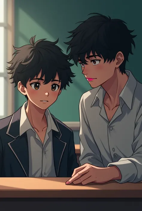 in the background a classroom, Two boys, one with black, wavy hair , and the other more effeminate with pink lipstick, shorter shy, and curly hair