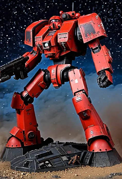 warhammer 40k, blood angel dreadnought, multi melta and flamer, raising hell on a barren battlefield, night sky lit by battle
