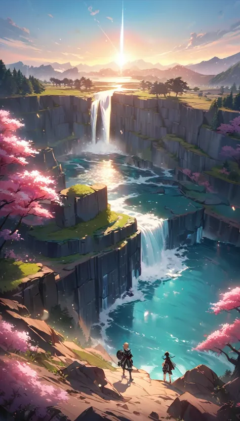 Long desert, sky limpo, cenáRiu, moonligh, stele, high qualiy, anime style artwork, best qualityer, high qualiy, Extremely detailed CG 8k unity wallpaper, paisaje, open air, sky, nube, sky, sin humanos, moutain, paisaje, water, tree, blue sky, waterfall, c...