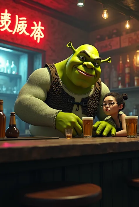 A Shrek and a Chinese addict,being bartenders
