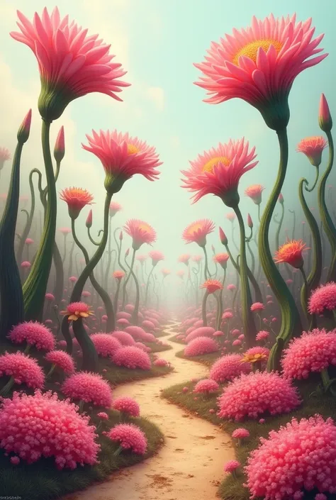 Create an abstract art with tall flowers and a dirt path surrounded by pink flowers