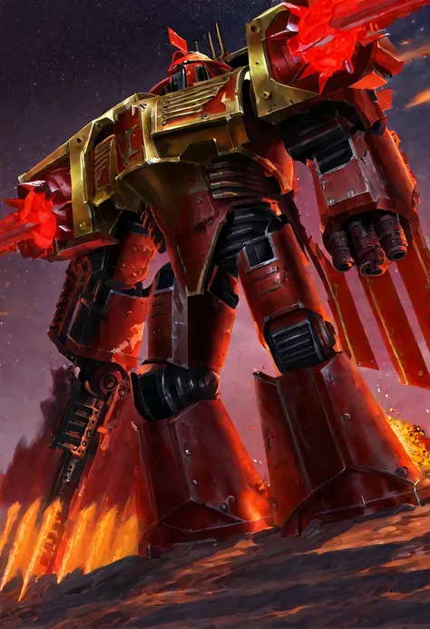 warhammer 40k, blood angel dreadnought, multi melta and flamer, raising hell on a barren battlefield, night sky lit by battle
