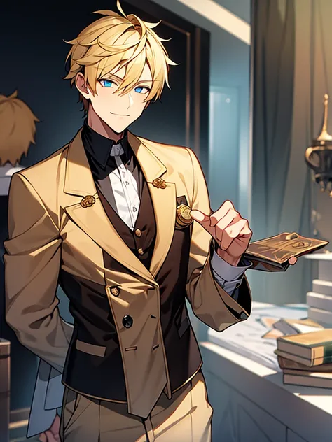 A boy, blond, with vibrant amber eyes, having a thin beard, a sarcastic smiling woman, wearing clothes, having a somewhat formal style exotic and creative anime. he is moving a coin. Elegant and at the same time a con artist. His setting is he is in a fict...