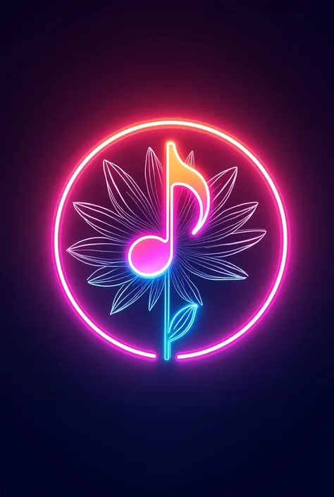 A logo circle musical note center and flower around. Background Neon