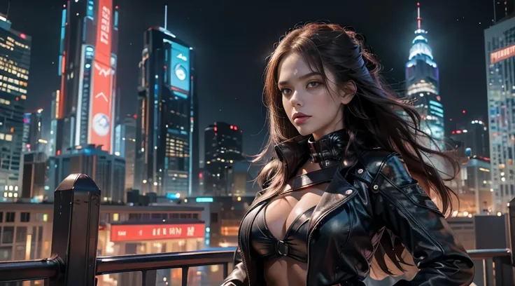 ((masterpiece, best quality, Highest image quality, high resolution, Reality, RAW photos, 8K)), Bustling future city night scene，Girl standing on the roof，Tight leather jacket，Off-shoulder，Large Breasts，Long hair，Pretty face，Closed mouth，dramatic，Upper Bod...