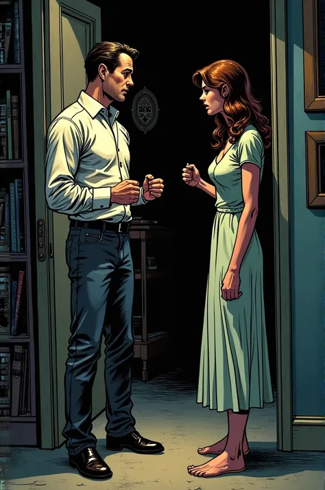 Draw a comic book style picture of the husband confronting his wife and her cowering in the corner of the wall