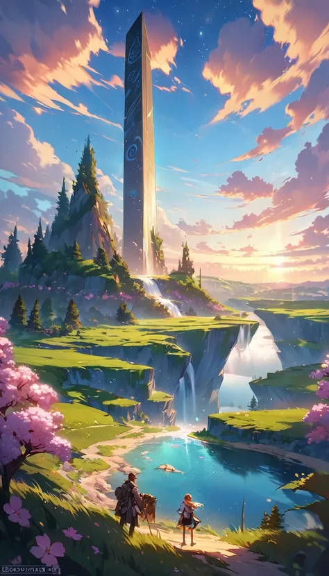 Long desert, sky limpo, cenáRiu, moonligh, stele, high qualiy, anime style artwork, best qualityer, high qualiy, Extremely detailed CG 8k unity wallpaper, paisaje, open air, sky, nube, sky, sin humanos, moutain, paisaje, water, tree, blue sky, waterfall, c...