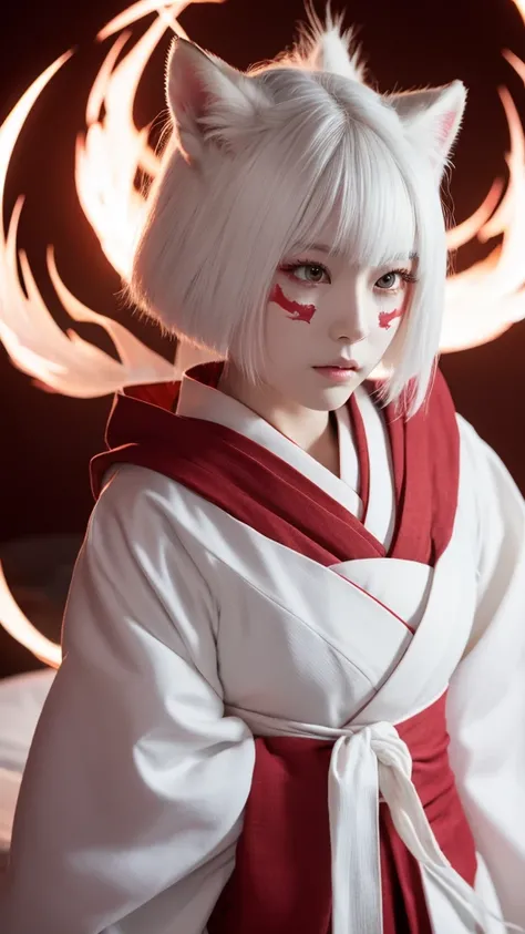 White Demon Fox、Nine-tailed Fox、Japanese women、kimono、Fair skin、Red lines on face、8K、I have short hair