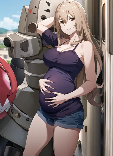 score_9, score_8_up, score_7_up, source_anime, best quality, clear face, 1girl, Clair Aoki, masterpiece, best quality, highres, aoki1, brown eyes, freckles, large breasts, bikini, shorts, cleavage, smile, looking at viewer, sky, standing, pregnant belly, h...