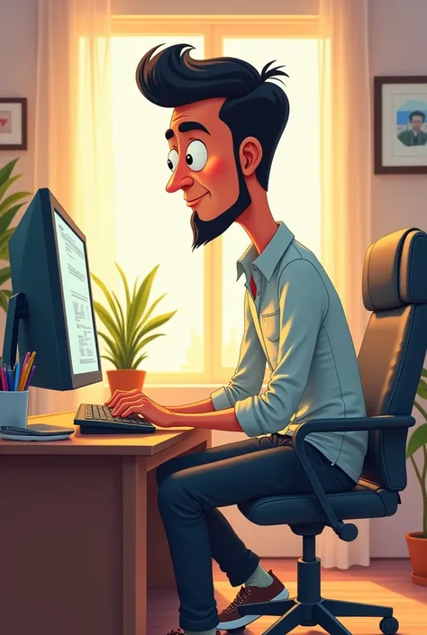 make a cartoon of a tall indonesian man who work on his computer