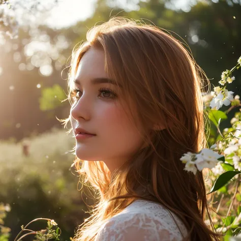 standing in a flower field、arabian woman with long red hair and white dress, backlit beautiful face, backlit portrait, infp youn...