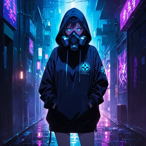 in a dark setting, a woman stands with her hands in her pockets, wearing an oversized hoodie and a gas mask. Her hoodie and sneakers have bright purple neon accents, providing a subtle glow in the darkness. The womans face is partially obscured by the gas ...