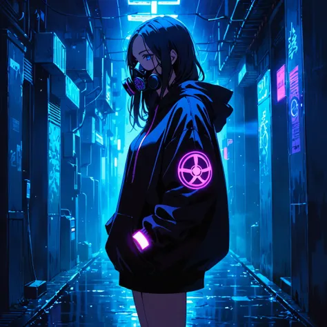 in a dark setting, a woman stands with her hands in her pockets, wearing an oversized hoodie and a gas mask. Her hoodie and sneakers have bright purple neon accents, providing a subtle glow in the darkness. The womans face is partially obscured by the gas ...