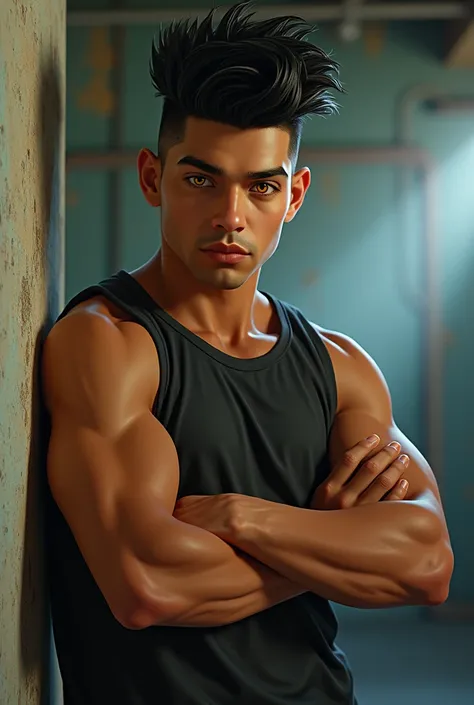 Solo, latino boy of 19 years old, toned, lean, black hair, faux hawk hair, yellow eyes, indoors, standing, arms crossed, front view, leaning his back against a wall, serious, urban style cloth.