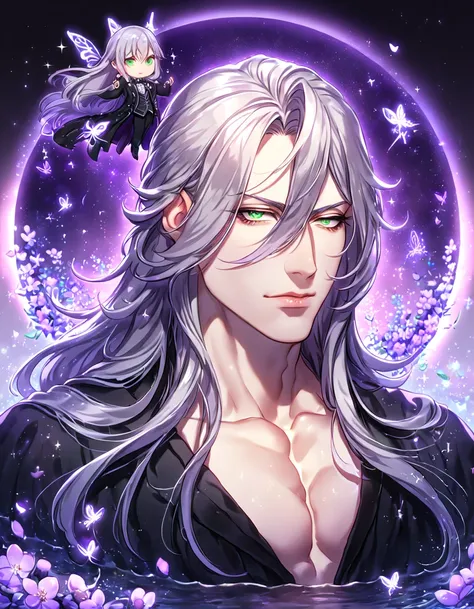 absurdres, highres, ultra detailed, HDR, master piece, best quality, extremely detailed, Undertaker, gray hair, long hair, expressive green eyes, Black Butler, Kuroshitsuji, solo, sexy man, handsome, sensual, manly man, black robes, fantasy, magical, shini...