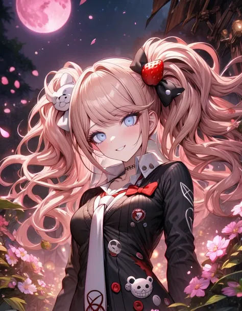 Ultra detailed, highres, absurdres, HDR, master piece, Enoshima Junko, strawberry-blonde hair tied in two twin pigtails, expressive light blue eyes, Danganronpa, black cardigan, white long necktie, pink flowers, petals, fireflies, pink moon, woman, solo, e...