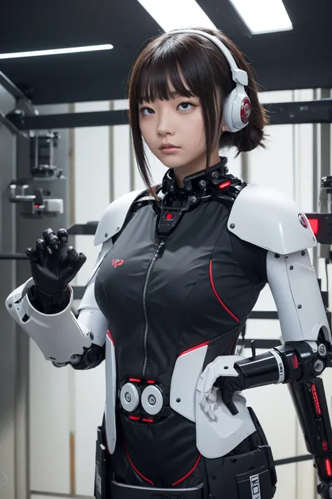 masterpiece, best quality, extremely detailed, Japaese android girl,Plump ,control panels,android,Droid,Mechanical Hand, Robot arms and legs,Blunt bangs,perfect robot girl,long tube,thick cable connected her neck,android,robot,humanoid,cyborg,japanese cybo...