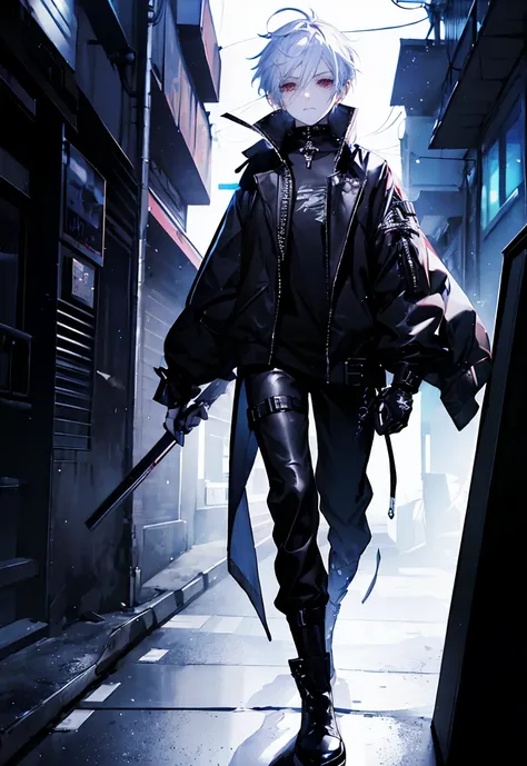 One male character, adult male, bishonen, pretty, handsome, choker, cybernetic inspiration, cyberpunk, alternative fashion, serious angry face, urban setting, cybergoth, night setting, neon lights, medium length hair, white hair with black strands, harness...