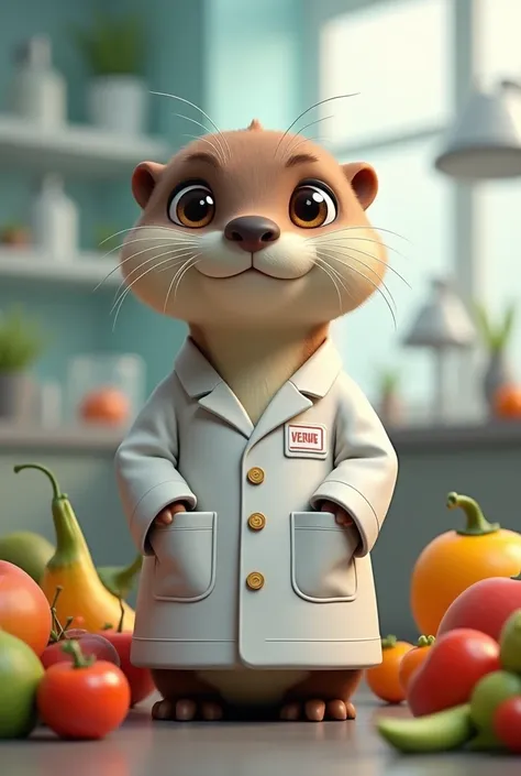 Otter in a lab coat, with fruits and vegetables 