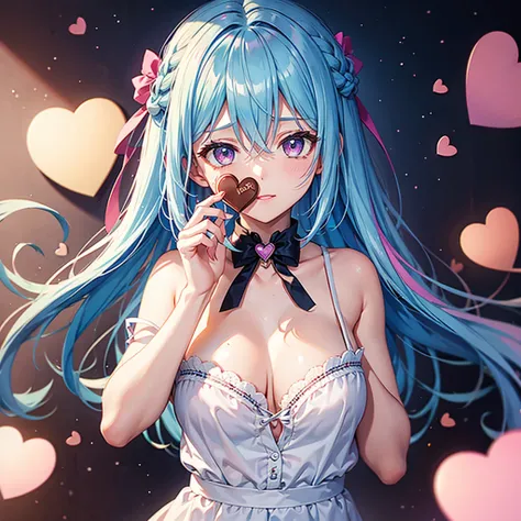 Sky Blue Hair、Braided Short Hair、Pink Eyes、Fair skin、whole body、One person、Shy、Lots of hearts in the background、(Heart-shaped chocolate)、Chocolate Fairy、valentine&#39;s day、masterpiece、Highest quality、Very detailed、Best Shadow、Detailed Background、Beautiful...