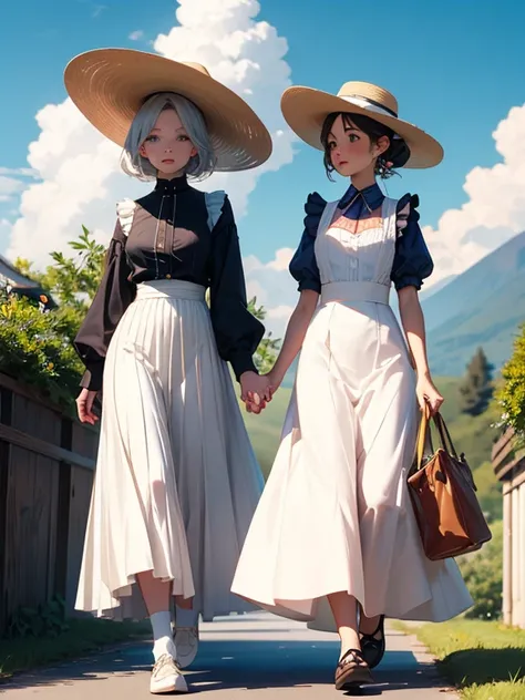 Pastel tones、High definition、Anime-like、Gentle Hills、High and blue sky、A shining white cumulonimbus cloud、（A wide-brimmed hat, silver hair, long skirt and cardigan）With the lady（Classical maid outfit）maid、Two women walking together