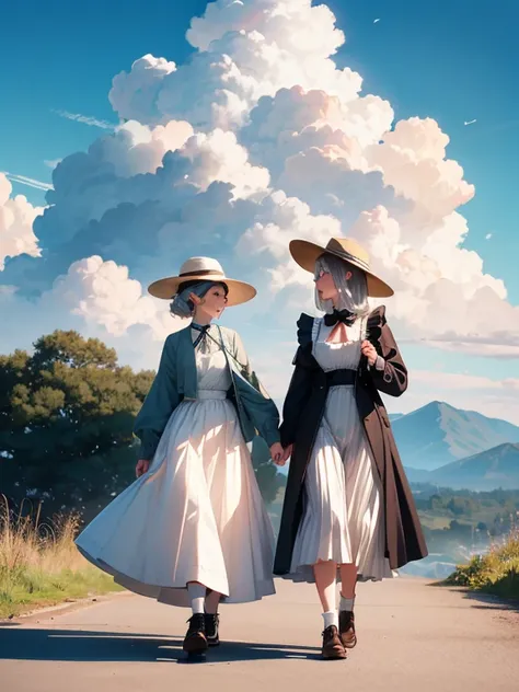 Pastel tones、High definition、Anime-like、Gentle Hills、High and blue sky、A shining white cumulonimbus cloud、（A wide-brimmed hat, silver hair, long skirt and cardigan）With the lady（Classical maid outfit）maid、Two women walking together