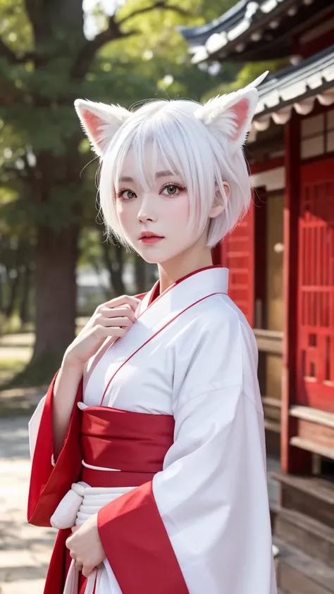 White Demon Fox、Nine-tailed Fox、Japanese women、kimono、Fair skin、Red lines on face、8K、I have white hair、Bobshort hair