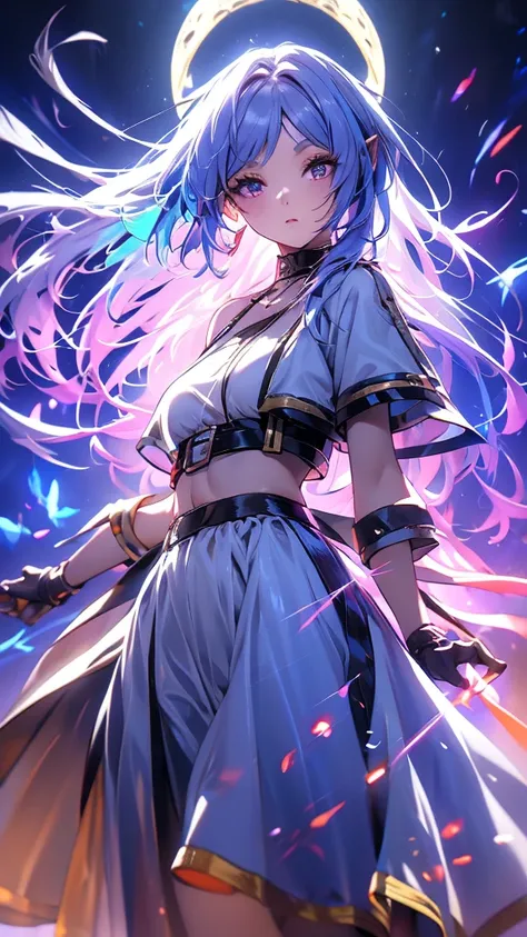 1 person, 20-year-old girl, One person, (Silver Hair), Long pointed ears、Elf、(Gradient sky blue hair tip:1.6), hair, Ridiculously long hair, Single Side Lock, Wavy Hair, Shine髪, Floating Hair, (Fantastic deep purple eyes), Delicate eyes, Aqua Eye, Very fin...