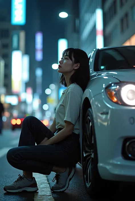 A Japanese woman is sitting next to a car,  "BUDDICA" It is written there,Look away from the viewer, T-Shirts、Full Body Shot, Cinema Lighting, Shine, Modern city,