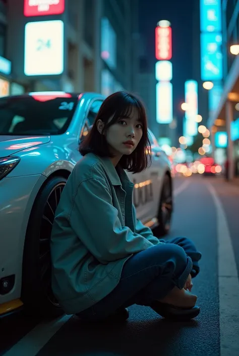 A Japanese woman is sitting next to a car,  "BUDDICA" It is written there,Look away from the viewer, T-Shirts、Full Body Shot, Cinema Lighting, Shine, Modern city,