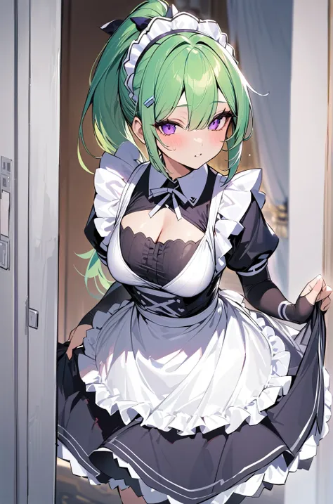 best quality, masterpiece, highres, solo, {maid:1.40}, {long maid dress:1.15}, green_hair, purple_eyes, bangs, ponytail, hair_be...