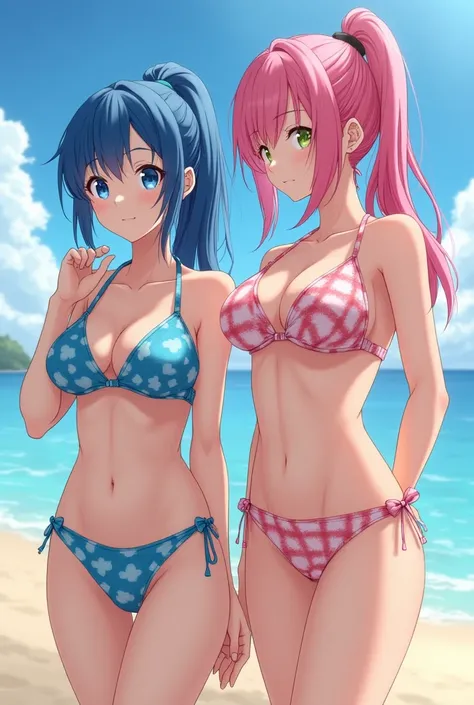 two japanese girls , one is blue hair another is pink hair, ((they cloth Geometric-print-bikini one is blue base another is pink base:1.5)),18 years old , cute face ,cleavage between breasts,large breasts,cute face, ponytail ,wave hair,darkcyan eyes,beach,...