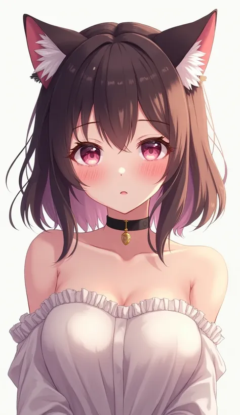 one girl, anime style, cat ears, off shoulder, medium breasts, shy, blush, navel, choker, obedient